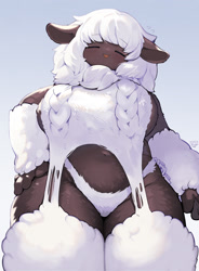Size: 1397x1900 | Tagged: safe, artist:kishibe_, oc, oc only, bovid, caprine, mammal, sheep, anthro, 2023, breasts, female, fluff, huge breasts, neck fluff, solo, solo female, thick thighs, thighs, virgin destroyer sweater, wide hips