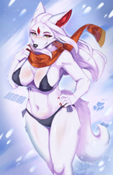 Size: 990x1530 | Tagged: suggestive, artist:purplelemons, oc, oc only, oc:satomi (purplelemons), canine, fictional species, fox, kitsune, mammal, anthro, 2023, absolute cleavage, bikini, blushing, breasts, cleavage, clothes, female, fluff, footprint, forehead gem, hand on hip, lidded eyes, looking at you, outdoors, pubic fluff, scarf, side-tie bikini, snow, solo, solo female, swimsuit
