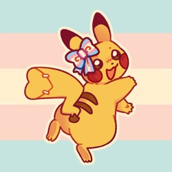 Size: 2000x2000 | Tagged: safe, artist:finchbound, fictional species, mammal, pikachu, feral, nintendo, pokémon, 2023, bow, cute, female, flag, flag background, looking at you, looking back, looking back at you, mtf transgender, outline, pride flag, smiling, smiling at you, solo, solo female, transgender, transgender pride flag