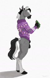 Size: 1056x1632 | Tagged: suggestive, artist:ritzic, oc, oc:alex the horse, equine, horse, mammal, anthro, 2023, animal genitalia, balls, black hair, blushing, bottomless, butt, clothes, cookie, digital art, ears, food, fur, gray body, gray fur, hair, hooves, looking at you, looking back, looking back at you, male, multicolored hair, nudity, partial nudity, penis, sheath, simple background, solo, solo male, sweater, tail, topwear, two toned hair, white background, white hair