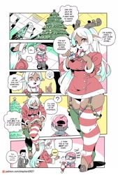 Size: 1320x1950 | Tagged: safe, artist:shepherd0821, cervid, deer, human, mammal, anthro, unguligrade anthro, modern mogal, 2023, adult, antlers, big breasts, big butt, blushing, bottomwear, breasts, butt, child, christmas, christmas tree, clothes, comic, conifer tree, dialogue, doe, dress, female, female focus, glasses, group, hair, hat, headwear, holiday, hooves, horizontal pupils, horny, legwear, lightbulb, long hair, male, name tag, pink eyes, size difference, solo focus, stockings, tail, talking, text, thick thighs, thighs, topwear, tree, white hair, wide hips, young