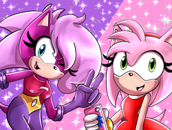 Size: 1024x768 | Tagged: safe, artist:animepianistgirl, amy rose (sonic), sonia the hedgehog (sonic), hedgehog, mammal, sega, sonic the hedgehog (series), sonic underground, duo, duo female, female, females only, iphone