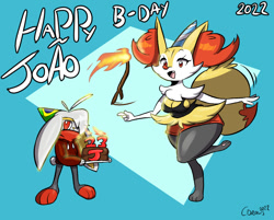 Size: 904x727 | Tagged: safe, artist:cinderdraws815, artist:joaoppereiraus, oc, oc only, oc:brit, oc:brit (joaoppereiraus), oc:britney, oc:britney (joaoppereiraus), braixen, fictional species, raboot, anthro, nintendo, pokémon, birthday, branch, brit (joaoppereiraus), clothes, duo, duo male and female, eyelashes, fangs, female, fire, fluff, fox tail, fur, gift art, huge tail, male, multicolored body, multicolored fur, paws, sharp teeth, starter pokémon, tail, tail fluff, teeth