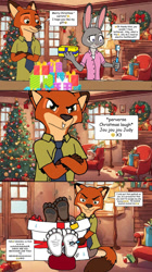 Size: 828x1481 | Tagged: safe, artist:feets-and-paws, judy hopps (zootopia), nick wilde (zootopia), canine, fox, lagomorph, mammal, rabbit, red fox, anthro, plantigrade anthro, disney, zootopia, barefoot, comic, feet, fetish, foot fetish, foot focus, soles, tickling, toes, toothbrush