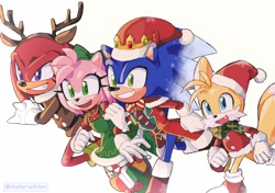 Size: 2480x1748 | Tagged: safe, artist:historiaallen, amy rose (sonic), knuckles the echidna (sonic), miles "tails" prower (sonic), sonic the hedgehog (sonic), canine, cervid, deer, echidna, fox, hedgehog, mammal, monotreme, reindeer, sega, sonic the hedgehog (series), 2023, blue body, blue eyes, blue fur, boots, bottomwear, christmas, clothes, costume, dress, fake horns, female, fur, green eyes, group, hat, headwear, holiday, looking to the side, male, open mouth, pink body, pink fur, purple eyes, red body, red fur, santa costume, santa dress, santa hat, shoes, simple background, tail, yellow body, yellow fur