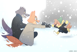 Size: 4250x2900 | Tagged: safe, artist:chilllum, diane foxington (the bad guys), mr. wolf (the bad guys), oc, oc:denise wolf (the bad guys), canine, fox, hybrid, mammal, wolf, anthro, dreamworks animation, the bad guys, 2023, beanie, clothes, daughter, digital art, ears, eyes closed, father, father and child, father and daughter, female, fur, glasses, gloves, gray body, gray fur, group, husband, husband and wife, imminent hug, male, mother, mother and daughter, open mouth, open smile, orange body, orange fur, outdoors, running, scarf, smiling, snow, snowfall, tail, tail wag, trio, vixen, wife, winter