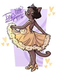 Size: 2000x2500 | Tagged: safe, artist:kittyiskewl, ivy pepper (lackadaisy), cat, feline, mammal, anthro, lackadaisy, 2023, black hair, bottomwear, brown body, brown eyes, brown fur, clothes, dress, ears, female, fur, hair, open mouth, shoes, signature, solo, solo female, tail, text