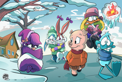 Size: 1000x667 | Tagged: safe, artist:boskocomicartist, babs bunny (tiny toon adventures), buster bunny (tiny toon adventures), fifi la fume (tiny toon adventures), hampton j. pig (tiny toon adventures), plucky duck (tiny toon adventures), shirley the loon (tiny toon adventures), bird, duck, lagomorph, mammal, pig, rabbit, skunk, suid, waterfowl, anthro, tiny toon adventures, warner brothers, blonde hair, blue body, blue fur, cartoony, clothes, feathers, female, floating, freezing, fur, green feathers, group, hair, huge tail, long tail, male, pink body, pink fur, pink skin, purple body, purple fur, skin, smiling, tail, tail wraps, white feathers, wide eyes, winter, winter outfit, wraps