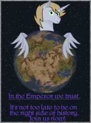 Size: 820x1100 | Tagged: safe, alicorn, equine, fictional species, mammal, pony, feral, rimworld, blonde hair, blonde mane, feathers, fur, gray body, gray feathers, gray fur, green eyes, grey coat, hair, horn, male, mane, planet, propaganda poster, solo, solo male, space, spread wings, stars, text, wings