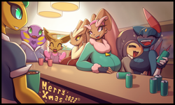 Size: 2469x1492 | Tagged: safe, artist:r-mk, oc, oc only, oc:artie, oc:naomi (r-mk), ampharos, arbok, eevee, eeveelution, fictional species, lopunny, mammal, mawile, shiny pokémon, sneasel, anthro, nintendo, pokémon, 2023, alcohol, bar, bartender, black border, black nose, blushing, border, breasts, christmas, clothes, cuddling, digital art, drink, drunk, ears, eyes closed, female, females only, fur, hair, holiday, hug, huge breasts, open mouth, pose, scales, sweater, tail, thighs, tongue, topwear, wide hips