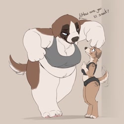 Size: 2048x2048 | Tagged: safe, artist:neemyart, canine, dog, mammal, saint bernard, anthro, 2023, blushing, bottomwear, breasts, clothes, duo, duo female, female, females only, huge breasts, shorts, size difference, sports bra, sports shorts, tail, tail wag, tank top, thick thighs, thighs, topwear, wide hips