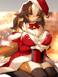 Size: 1350x1800 | Tagged: safe, artist:kishibe_, canine, dog, mammal, anthro, 2023, breasts, christmas, clothes, costume, female, fluff, hat, headwear, holiday, huge breasts, kneeling, neck fluff, santa costume, santa hat, solo, solo female, tail, thick thighs, thighs, wide hips