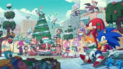 Size: 4096x2304 | Tagged: safe, artist:deegeemin, official art, amy rose (sonic), barry the quokka (sonic), big the cat (sonic), blaze the cat (sonic), charmy bee (sonic), cheese (sonic), cream the rabbit (sonic), cubot (sonic), e-123 omega (sonic), espio the chameleon (sonic), froggy (sonic), jewel the beetle (sonic), kit the fennec (sonic), knuckles the echidna (sonic), miles "tails" prower (sonic), orbot (sonic), rouge the bat (sonic), shadow the hedgehog (sonic), silver the hedgehog (sonic), sonic the hedgehog (sonic), surge the tenrec (sonic), tangle the lemur (sonic), vanilla the rabbit (sonic), amphibian, arthropod, badnik, bat, bee, beetle, bird, canine, cat, chameleon, chao, echidna, feline, fennec fox, fictional species, flicky (sonic), fox, frog, hedgehog, insect, lagomorph, lemur, lizard, mammal, marsupial, monotreme, quokka, rabbit, red fox, reptile, ring-tailed lemur, robot, tenrec, wisp, anthro, idw sonic the hedgehog, sega, sonic the hedgehog (series), 2023, bat wings, billboard, black body, black fur, blue body, blue eyes, blue fur, boots, building, chaos emerald, christmas, christmas ornament, christmas tree, clothes, coat, conductor (sonic), conifer tree, elf costume, eyelashes, female, flower, flying, fur, gloves, gray body, gray fur, green eyes, hat, headwear, high res, holiday, letter, long tail, macropod, male, plant, present, purple body, purple eyes, purple fur, quills, red body, red fur, rose, sandals, santa hat, scarf, sharp teeth, shoes, sitting, sky, smiling, snow, tail, teeth, telekinesis, topwear, toy, tree, wall of tags, webbed wings, wings, yellow body, yellow fur