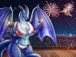 Size: 1600x1200 | Tagged: suggestive, artist:mdwines, dragon, fictional species, reptile, wyvern, anthro, 2023, amber eyes, belly button, bikini, blue body, breasts, cameltoe, christmas, city, clothes, detailed background, digital art, dragon wings, dragoness, ears, eyelashes, female, fireworks, hair, holiday, horns, huge breasts, looking at you, new year, pose, scales, solo, solo female, sparkler, swimsuit, tail, thighs, wide hips, wings