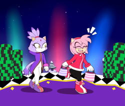 Size: 2087x1766 | Tagged: safe, artist:hedgehogstew, amy rose (sonic), blaze the cat (sonic), cat, feline, hedgehog, mammal, sega, sonic the hedgehog (series), duo, duo female, female, females only