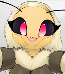 Size: 1236x1400 | Tagged: safe, artist:tffeathers, oc, oc:blossom (tffeathers), arthropod, bee, insect, anthro, 2023, antennae, big breasts, blep, breasts, female, fluff, neck fluff, offscreen character, pov, solo, solo female, tongue, tongue out