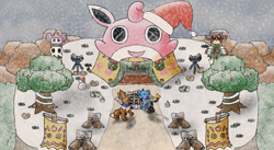 Size: 1206x662 | Tagged: safe, artist:kurtisthesnivy, eevee, eeveelution, fictional species, mammal, shinx, feral, nintendo, pokémon, pokémon mystery dungeon, 2018, ambiguous gender, building, christmas, christmas decorations, christmas lights, cliff, clothes, duo, flag, fur, hat, headwear, holiday, lights, outdoors, plant, pokémon mystery dungeon: explorers, santa hat, snow, stairs, tree, wigglytuff guild