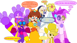 Size: 3840x2160 | Tagged: safe, artist:rachi-rodehills, princess daisy (mario), the collector (the owl house), fictional species, human, hybrid, legendary pokémon, mammal, toad (mario species), uxie, anthro, humanoid, series:random-island, series:yellow toad adventures, disney, mario (series), nintendo, pokémon, the owl house, spoiler, spoiler:the owl house, collector (species), dialogue, group, meme, simple background, speech bubble, talking, weird