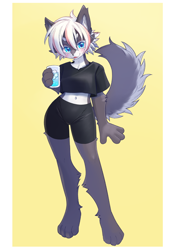 Size: 612x868 | Tagged: safe, artist:unousaya, oc, oc only, canine, dog, mammal, anthro, 2022, barefoot, belly button, blue eyes, ears, female, fur, glass of water, gray body, gray fur, hair, ice, ice cube, paws, simple background, solo, solo female, standing, tail, white hair, yellow background