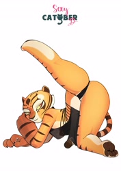 Size: 2892x4096 | Tagged: suggestive, artist:feliscede, master tigress (kung fu panda), big cat, feline, mammal, tiger, anthro, digitigrade anthro, series:sexy catober (by feliscede), dreamworks animation, kung fu panda, 2022, black nose, bottomwear, breasts, butt, cameltoe, clothes, digital art, dress, ears, eyelashes, female, fur, looking at you, looking back, looking back at you, panties, pose, presenting, rear view, sideboob, simple background, solo, solo female, tail, thighs, underwear, white background, wide hips