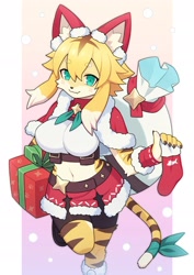 Size: 1600x2263 | Tagged: safe, artist:yamame513, mia (world flipper), big cat, feline, mammal, tiger, anthro, world flipper, big breasts, bottomwear, breasts, christmas gift, clothes, crop top, female, skirt, solo, solo female, tail, topwear