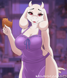 Size: 900x1038 | Tagged: safe, artist:mikkamao, toriel (undertale), bovid, goat, mammal, anthro, undertale, 2023, apron, big breasts, black nose, breasts, clothes, detailed background, digital art, ears, eyelashes, female, fur, horns, mature, mature female, naked apron, nudity, open mouth, partial nudity, pose, solo, solo female, tail, thighs, tongue, wide hips
