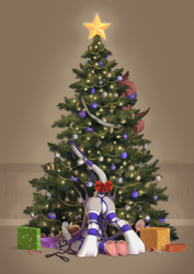 Size: 3270x4614 | Tagged: suggestive, artist:dorkmark, oc, oc only, oc:alruna moonrise, bat pony, equine, fictional species, mammal, pony, friendship is magic, hasbro, my little pony, bondage, bow, butt, christmas, christmas lights, christmas tree, conifer tree, face down ass up, featureless crotch, female, frog (hoof), holiday, hooves, lights, plant, present, rear view, rope, rope bondage, shibari, solo, solo female, stars, tree, underhoof