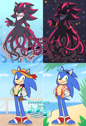 Size: 1200x1764 | Tagged: safe, artist:ketlike, shadow the hedgehog (sonic), sonic the hedgehog (sonic), fictional species, hedgehog, mammal, mollusk, octopus, anthro, sega, sonic the hedgehog (series), 2022, 3 toes, alternate universe, beach, cecaelia, clothes, deepwaters song au, duo, duo male, gloves, green eyes, male, males only, ocean, paws, quills, red eyes, sandals, shoes, smiling, straw hat, tail, tentacles, water