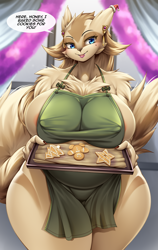 Size: 980x1554 | Tagged: suggestive, artist:mleonheart, part of a set, fictional species, linoone, anthro, nintendo, pokémon, 2023, apron, areola, areola slip, black nose, blushing, breasts, clothes, cookie, detailed background, dialogue, digital art, ears, eyelashes, female, fluff, food, fur, gingerbread cookie, holding, huge breasts, looking at you, naked apron, neck fluff, nipple outline, nudity, partial nudity, pose, solo, solo female, speech bubble, tail, talking, talking to viewer, text, thighs, tray, wide hips