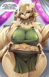 Size: 980x1554 | Tagged: suggestive, alternate version, artist:mleonheart, part of a set, fictional species, linoone, anthro, nintendo, pokémon, 2023, apron, areola, areola slip, black nose, blushing, breasts, clothes, cookie, detailed background, dialogue, digital art, ears, eyelashes, female, fluff, food, fur, gingerbread cookie, holding, huge breasts, looking at you, naked apron, neck fluff, nipple outline, nudity, partial nudity, pose, solo, solo female, speech bubble, tail, talking, talking to viewer, text, thighs, tray, wide hips