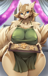 Size: 980x1554 | Tagged: suggestive, alternate version, artist:mleonheart, part of a set, fictional species, linoone, anthro, nintendo, pokémon, 2023, apron, areola, areola slip, black nose, blushing, breasts, clothes, cookie, detailed background, digital art, ears, eyelashes, female, fluff, food, fur, gingerbread cookie, holding, huge breasts, looking at you, naked apron, neck fluff, nipple outline, nudity, partial nudity, pose, solo, solo female, tail, textless version, thighs, tray, wide hips