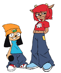 Size: 568x684 | Tagged: safe, artist:aaaaaron122, lammy (parappa the rapper), parappa (parappa the rapper), bovid, canine, caprine, dog, lamb, mammal, sheep, parappa the rapper, beanie, belly button, blue shirt, bottomwear, clothes, crop top, cropped shirt, female, hair, height difference, jeans, male, midriff, pants, red hair, red shirt, short hair, simple background, sleeveless shirt, topwear, white background