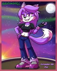 Size: 828x1035 | Tagged: safe, artist:nekoemerald, oc, oc:lavender the fox (kanjimarleydash), canine, fox, mammal, belly button, black shirt, border, character name, clothes, crop top, cropped shirt, denim, ear piercing, female, fingerless gloves, fur, gloves, hand on hip, jeans, lavender fur, lavender hair, midriff, moon, night, night sky, pants, piercing, purple body, purple eyes, purple eyeshadow, purple fur, purple shoes, sky, smiling, solo, solo female, sonic oc, text, topwear, vixen