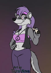 Size: 635x900 | Tagged: safe, artist:teira-nova, oc, oc only, mammal, mustelid, weasel, anthro, artist name, belly button, blue eyes, blunt, bottomwear, clothes, commission, crop top, digital art, drugs, ears, fangs, female, fur, glasses, gray body, gray fur, hair, hairband, hand on hip, hippie, jewelry, lavender hair, looking at you, marijuana, midriff, necklace, pants, purple hair, round glasses, sharp teeth, simple background, solo, solo female, standing, tail, tank top, teeth, topwear, vest, weed