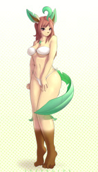 Size: 729x1280 | Tagged: safe, artist:lyzergide, eeveelution, fictional species, leafeon, mammal, anthro, digitigrade anthro, nintendo, pokémon, 2016, belly button, bikini, breasts, clothes, commission, digital art, ears, eyelashes, female, fur, hair, pose, solo, solo female, swimsuit, tail, thighs, wide hips