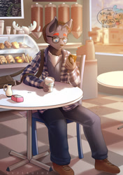 Size: 882x1250 | Tagged: safe, artist:lyzergide, fictional species, mammal, zorua, anthro, nintendo, pokémon, 2016, bottomwear, cafe, cell phone, chair, clothes, coffee cup, commission, digital art, ears, fur, glasses, hair, male, pants, phone, pose, shirt, shoes, sitting, smartphone, solo, solo male, tail, thighs, topwear