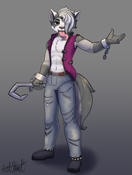 Size: 1531x2039 | Tagged: safe, artist:bear213, badger, mammal, mustelid, anthro, plantigrade anthro, artheart213, clothes, hair, hair over one eye, hook, jeans, male, pants, punk, purple jacket, ripped jeans, ripped pants, tongue, torn clothes