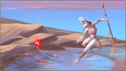 Size: 2560x1440 | Tagged: safe, artist:viwrastupr, anubian jackal, canine, jackal, mammal, anthro, abs, big breasts, breasts, clothes, desert, female, muscles, scenery, solo, solo female, spear, water, weapon