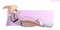Size: 2709x1360 | Tagged: suggestive, artist:shido-tara, naomi (goodbye volcano high), dinosaur, duck-billed dinosaur, parasaurolophus, anthro, goodbye volcano high, blonde hair, border, bra, clothes, female, glasses, hair, looking at you, lying down, nudity, on side, orange body, panties, simple background, sketch, socks, solo, solo female, underwear, white body, white border