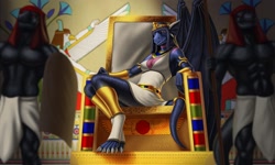 Size: 1280x768 | Tagged: safe, artist:tram15vay, oc, dragon, fictional species, anthro, 2019, ancient egypt, armlet, black body, black hair, blue body, bottomwear, claws, clothes, digital art, dress, egyptian, female, hair, indoors, jewelry, loincloth, looking at you, male, regalia, scales, sitting, solo focus, tail, tail jewelry, tail ring, throne, wings