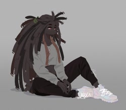 Size: 1200x1053 | Tagged: safe, artist:ayshun, oc, oc only, oc:cakes, canine, dog, mammal, anthro, belly button, black pants, clothes, crop top, cropped hoodie, cropped shirt, dreadlocks, female, footwear, fur, gray background, gray body, gray fur, gray hoodie, hair, midriff, shoes, simple background, sneakers, solo, solo female, topwear