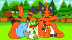 Size: 800x450 | Tagged: suggestive, artist:feedback99, fictional species, mammal, sprigatito, torracat, anthro, nintendo, pokémon, spoiler:pokémon gen 9, spoiler:pokémon scarlet and violet, 2023, 2d, 2d animation, ambiguous gender, animated, bedroom eyes, belly button, big breasts, blinking, breasts, clothes, colored sclera, crop top, detailed background, digital art, duo, ears, eyelashes, fur, gif, hair, heart, heart eyes, jaw drop, looking at you, open mouth, pose, short tail, starter pokémon, tail, tail wag, thighs, tongue, tongue out, topwear, wide hips, wingding eyes, yellow sclera