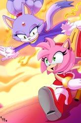 Size: 2630x4016 | Tagged: safe, artist:buddyhyped, amy rose (sonic), blaze the cat (sonic), cat, feline, hedgehog, mammal, sega, sonic the hedgehog (series), duo, duo female, female, females only