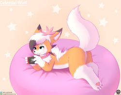 Size: 2169x1698 | Tagged: safe, artist:fireeagle2015, oc, oc:soulsong (soulsongrocs), dusk lycanroc, fictional species, lycanroc, mammal, feral, nintendo, nintendo switch, pokémon, 2023, abstract background, black nose, blue eyes, butt, cheek fluff, chest fluff, collar, ear fluff, fangs, female, flower, flower in hair, fluff, fur, hair, hair accessory, lying down, orange body, orange fur, paw pads, paws, pillow, pink collar, plant, raised tail, sharp teeth, smiling, solo, solo female, tail, tail fluff, teeth, white body, white fur