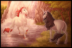 Size: 897x600 | Tagged: safe, artist:dolphiana, classical unicorn, equine, fictional species, mammal, unicorn, feral, 2009, 2d, black hair, black mane, black tail, blue eyes, butt, duo, duo male and female, female, green eyes, hair, looking at each other, male, mane, mare, plant, red hair, red mane, red tail, scenery, signature, stallion, standing, tail, tree, water, waterfall, white body