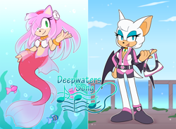 Size: 1200x882 | Tagged: safe, artist:ketlike, amy rose (sonic), rouge the bat (sonic), bat, fictional species, fish, hedgehog, mammal, merhog (sonic), anthro, sega, sonic the hedgehog (series), 2023, alternate universe, deepwaters song au, duo, duo male, fins, male, males only, ocean, quills, seashell bra, smiling, tail, underwater, water, wings