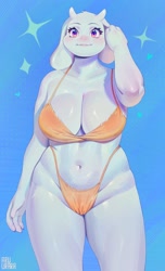 Size: 1242x2048 | Tagged: safe, artist:aruurara, toriel (undertale), bovid, fictional species, goat, mammal, monster, anthro, undertale, absolute cleavage, belly button, big breasts, bikini, breasts, cleavage, clothes, female, horns, looking at you, smiling, smiling at you, solo, solo female, swimsuit, thick thighs, thighs, wide hips