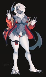 Size: 1218x2048 | Tagged: suggestive, artist:noona_plz, absol, fictional species, mammal, anthro, digitigrade anthro, nintendo, pokémon, 2023, absolute cleavage, almost nude, belly button, bikini, breasts, chest fluff, cleavage, clothes, digital art, ears, female, fluff, fur, hair, hair over one eye, horn, jacket, looking at you, micro bikini, neck fluff, open mouth, pose, simple background, solo, solo female, swimsuit, tail, thighs, tongue, topwear, white hair, wide hips