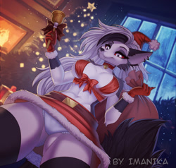 Size: 920x875 | Tagged: suggestive, artist:imanika, loona (vivzmind), canine, fictional species, hellhound, mammal, anthro, hazbin hotel, helluva boss, 2023, absolute cleavage, bag, bell, bottomwear, breasts, butt, choker, christmas, christmas tree, cleavage, clothes, colored sclera, conifer tree, container, dress, ear piercing, female, fireplace, fur, gloves, gray body, gray fur, hair, hat, headwear, holiday, indoors, legwear, looking down, low angle, midriff, mini skirt, panties, piercing, red sclera, ribbon, santa dress, santa hat, skirt, smiling, solo, solo female, thigh highs, tree, underass, underwear, upskirt, white body, white fur, white hair