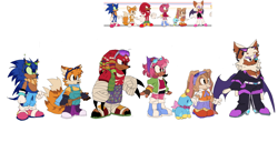 Size: 2048x1047 | Tagged: safe, artist:sonicattos, amy rose (sonic), cheese (sonic), cream the rabbit (sonic), knuckles the echidna (sonic), miles "tails" prower (sonic), rouge the bat (sonic), sonic the hedgehog (sonic), bat, canine, chao, echidna, fictional species, fox, hedgehog, lagomorph, mammal, monotreme, rabbit, sega, sonic the hedgehog (series), female, male, mtf transgender, redesign, transgender